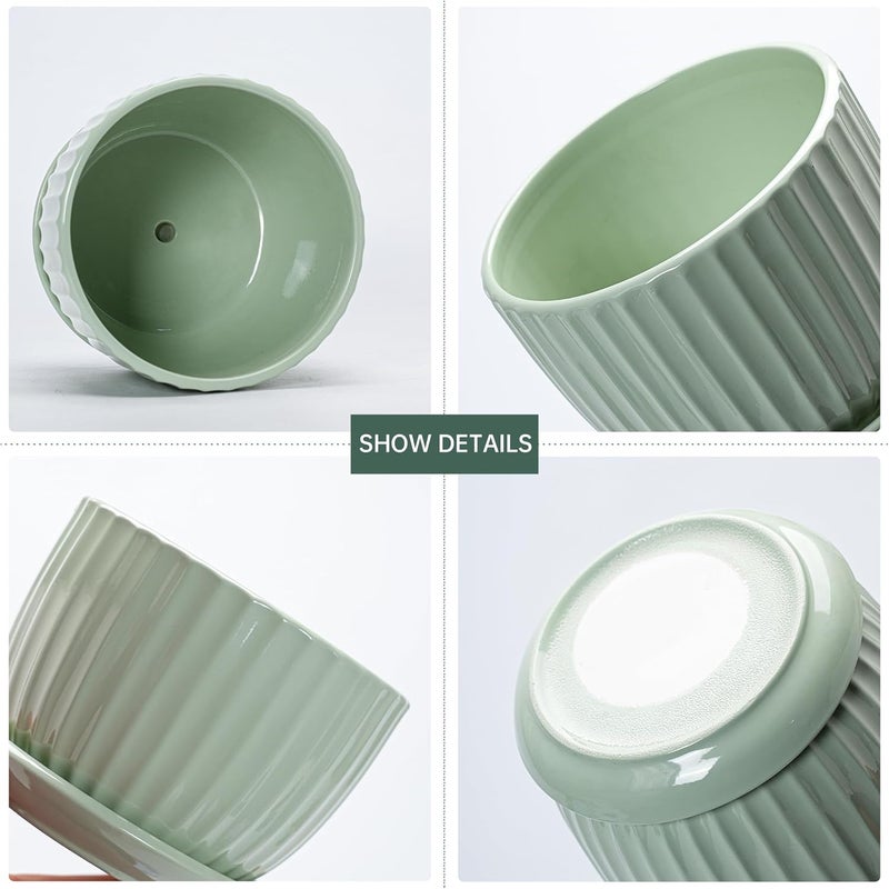 Ton Sin Flower Pots, Light Green Ceramic Plant Pots Set of 3,Small Glazed Succulent Pots with Drainage Hole,Cactus Planter with Saucer,Outdoor Garden Pots (Green) - Image 4
